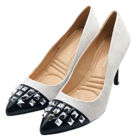 NEW Adrienne Vittadini Nena White/Black/Silver‎ Studded Colorblock 3.5" Heels 8 - Picture 1 of 10